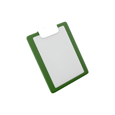 Boş beyaz yüzeyi olan yeşil bir pano. Not almak ya da belgeleri düzenlemek için ideal..