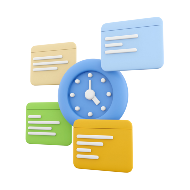 Görev kartlarıyla çevrili renkli bir saat, zaman yönetimi ve organizasyonu sembolize ediyor.