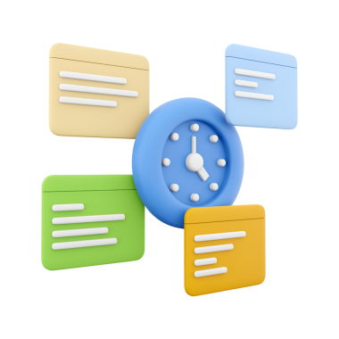 Notlarla çevrili renkli bir saat, zaman yönetimi ve organizasyonu sembolize ediyor.