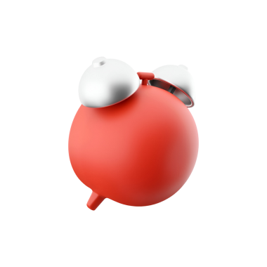 Üzerinde iki metalik çan olan kırmızı küresel bir nesne, oyuncu bir tasarım elemanına benziyor..