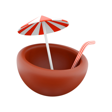 Çizgili şemsiyeli ve pipetli stilize edilmiş bir kase, boş zaman ve yaz keyfi için ferahlatıcı bir içeceğe benziyor..