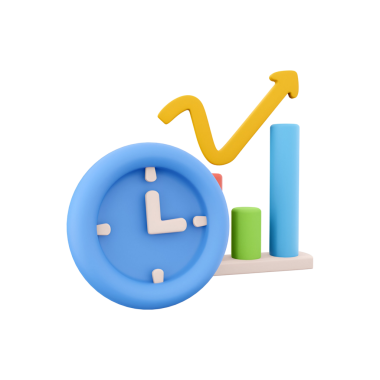 Zaman yönetimi ve iş ölçümlerindeki büyümeyi sembolize eden, bir saat ve bar tablosu içeren 3 boyutlu bir illüstrasyon.
