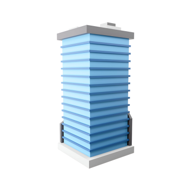 Yatay çizgileri olan stilize bir mavi kule, muhtemelen bir bina ya da yapıyı temsil ediyor..