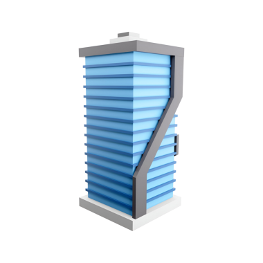 Dikey çizgileri ve modern estetiği olan eşsiz bir tasarımı olan stilize edilmiş mavi bir bina..