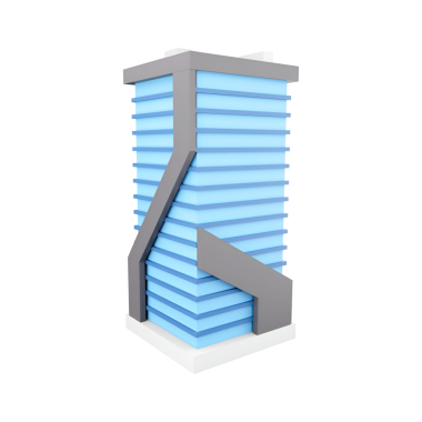 Katmanlı tasarım elementleriyle biçimlendirilmiş mavi bir bina, modern mimari özellikler sergiliyor..