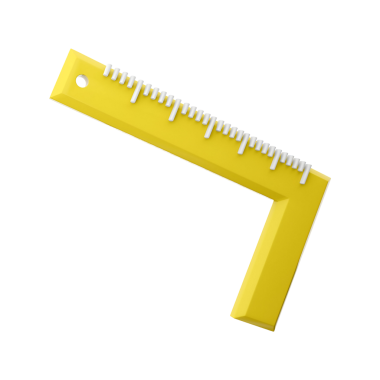 Düz açılar çizmek ve ölçmek için kullanılan, ölçüm işaretleri olan sarı L şeklinde bir cetvel..