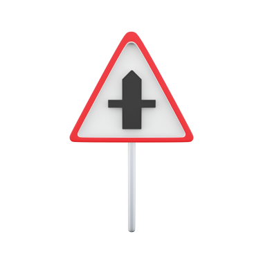 Kırmızı kenarlı beyaz arka planda siyah bir sembolün yer aldığı trafik uyarısını gösteren üçgen bir yol işareti..