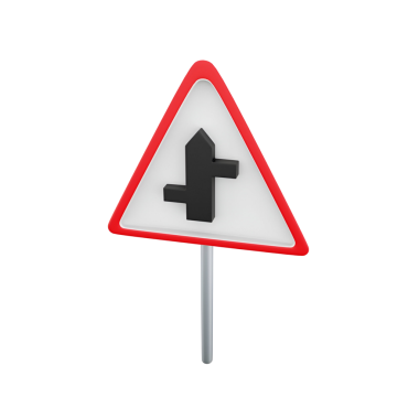 İleride trafik güvenliği için tasarlanmış bir kavşağı veya kavşağı gösteren üçgen bir yol işareti.