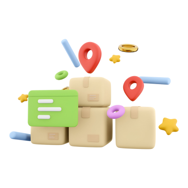 Teslimat kutuları ve konum işaretleri, lojistik ve nakliyeyi simgeleyen renkli bir düzenleme.