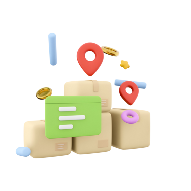 Lojistik ve dağıtım hizmetlerini sembolize eden, konum işaretleri ve simgeleriyle paketlerin renkli bir 3D temsili.