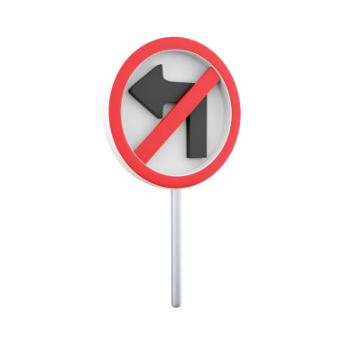Kırmızı çember ve siyah ok ile tasarlanmış, sola dönüş olmadığını belirten bir trafik işareti, kısıtlamayı simgeliyor..