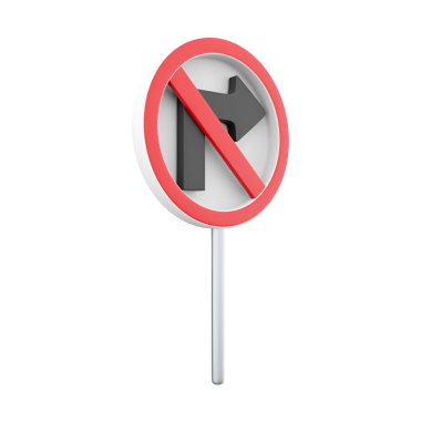 Trafikte sağa dönüş olmadığını gösteren bir işaret, kırmızı bir daire ve sağa dönüş oku boyunca çapraz bir çizgi içeriyor..