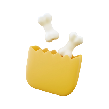 Fast-food kutusuna benzeyen, köpek kemiği şeklindeki ikramların zıpladığı sarı bir konteynırın oyuncu bir çizimi..