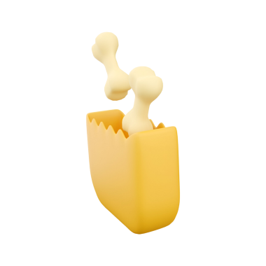 Fast-food kutusuna benzeyen, içinde kemik şekilli nesneler olan sarı bir konteynırın sanatsal temsili, neşeli bir tema öneriyor..