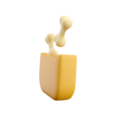 Bir karikatür yemek kabının kemikli tasviri, evcil hayvan maması ya da ikramlarla ilgili eğlenceli bir tema öneriyor..