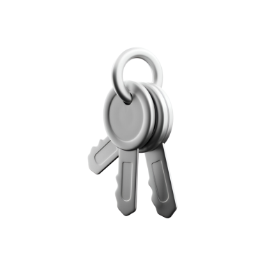 Dairesel bir anahtarlığa iliştirilmiş üç metalik anahtar seti. Genellikle kapıları açmak ya da eşyaları güvence altına almak için kullanılır..