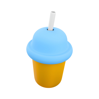 Mavi kapaklı ve pipetli renkli bir fincan, içecekler için tasarlanmış, muhtemelen buzlu içecek ya da milkshake..