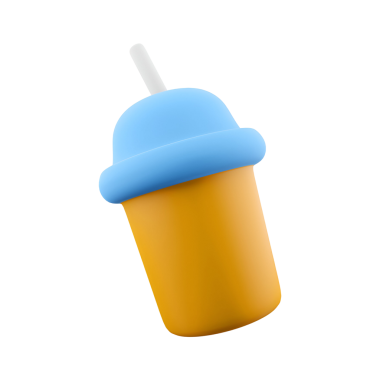 Renkli, stilize bir fincan mavi kapaklı ve pipetli, eğlenceli bir içecek kabını andırıyor..