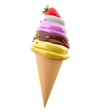 Çilekli renkli bir dondurma külahı, çeşitli tatları eğlenceli ve çekici bir şekilde sergiliyor..