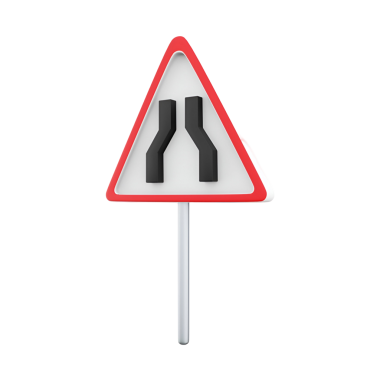 İleride dar bir yol olduğunu gösteren üçgen bir uyarı işareti, sürücüleri güvenlik için uyarmak üzere tasarlanmış..