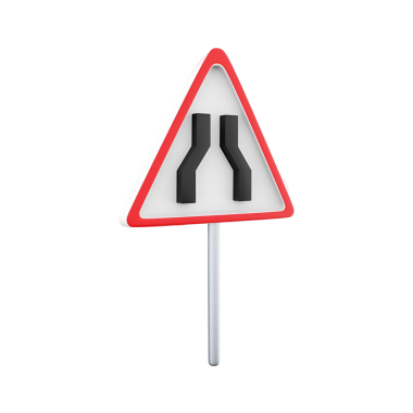 İleride dar bir yol olduğunu gösteren üçgen bir işaret, sürücüleri hız kesmek ve dikkatli olmaları için uyarmak üzere tasarlanmış..