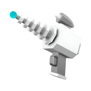 Bir spiral namlusu ve parlak mavi uçlu stilize edilmiş, gelecekçi bir silah, bir bilim kurgu ya da oyun bağlamını akla getiriyor..