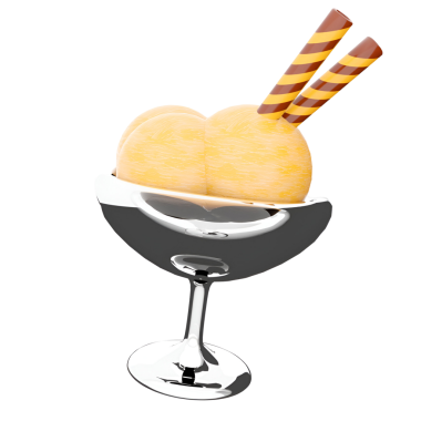 İki kepçe dondurma ve iki çizgili gofret çubuğuyla dolu parlak gümüş bir tatlı bardağı..