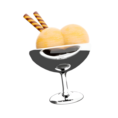 İki kepçe portakallı dondurmayı çizgili çubuklarla gümüş bir tabakta sunan şık bir tatlı..