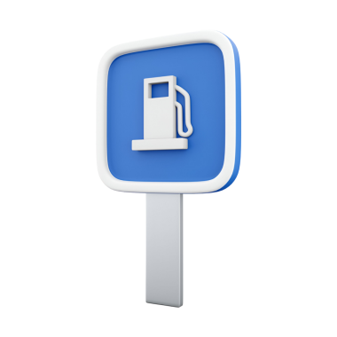 Mavi arka planda yakıt pompası simgesi olan basit bir benzin istasyonu tabelası yakıt ikmali yapılan araçların yerini gösteriyor..