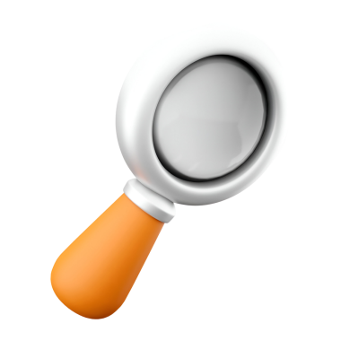 Beyaz mercekli, turuncu saplı, arama ve keşfi simgeleyen çizgi film tarzı bir büyüteç..