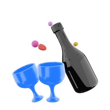 İki mavi kadehe renkli sıvılar döken siyah bir şişe bayram havası ya da kutlama havası verir..