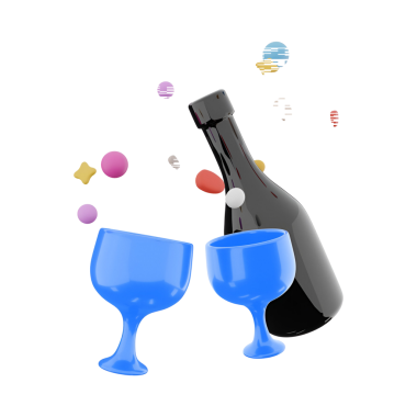 Renkli konfetiyle bir şişe ve iki mavi bardağın yer aldığı bir festival sahnesi, kutlama ve keyif önerisi.