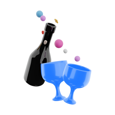 Siyah bir şişe ve renkli baloncuklu iki mavi bardak, bayram ya da kutlama temasını işaret ediyor..