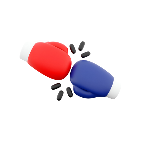 Kırmızı ve mavi renkte iki boks eldiveni, rekabeti ve sportmenliği simgeliyor..