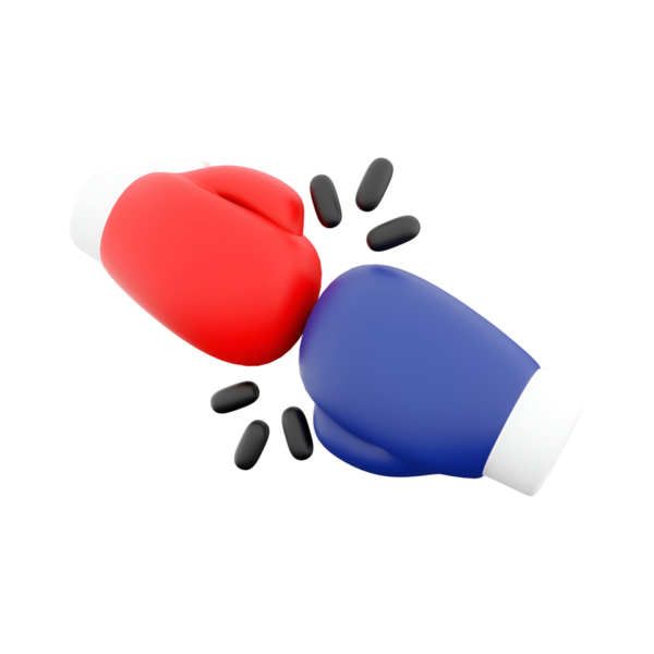 İki boks eldiveni, bir kırmızı ve bir mavi, çarpışıyor, yarışmayı sembolize ediyor veya bir spor müsabakası.