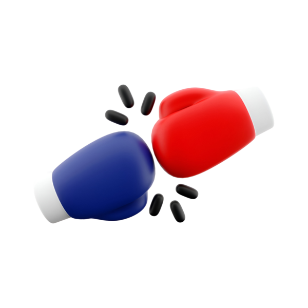 İki boks eldiveni, bir kırmızı ve bir mavi, birbiriyle çakışıyor, rekabeti ve sportmenliği simgeliyor..