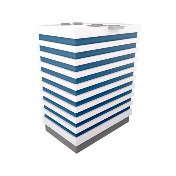 Çağdaş bir bina ya da depolama birimine benzeyen, mavi ve beyaz yatay çizgileri olan modern, stilize bir yapı..