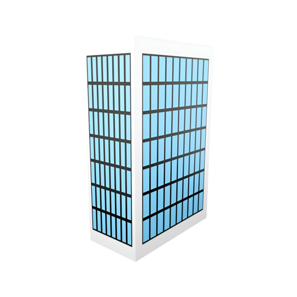 Pürüzsüz tasarımı ve mavi renkli pencereleri olan modern cam bir binanın stilize edilmiş bir temsili..