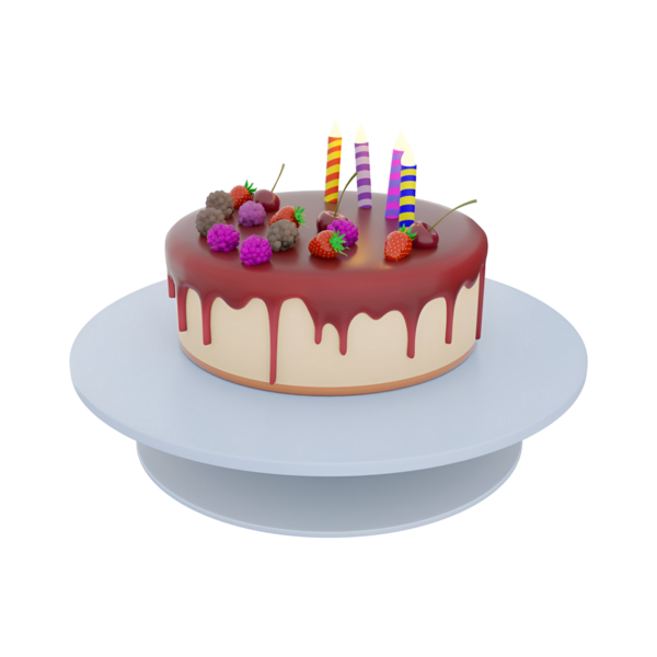 Renkli mumlar ve taze meyvelerle süslenmiş lezzetli bir doğum günü pastası. Kutlamalar için mükemmel..