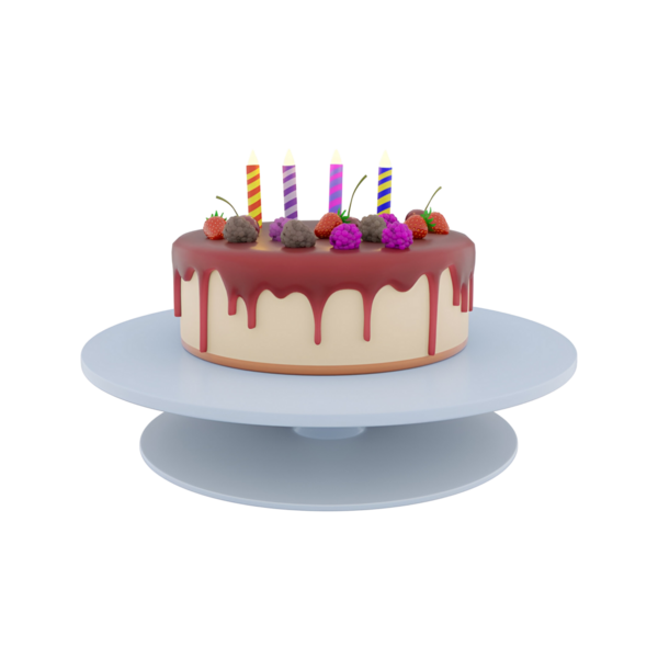 Renkli mumlar ve dekoratif meyvelerle süslenmiş, kutlama için mükemmel bir pasta..