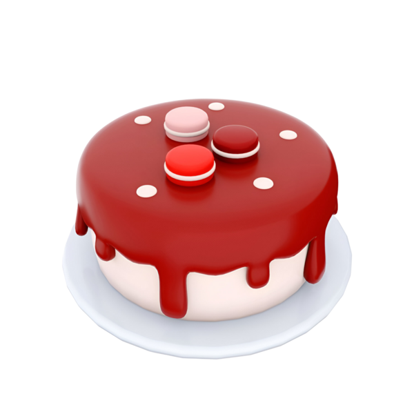 Üzerinde parlak kırmızı krema ve beyaz bir tabakta sunulan badem kurabiyeli renkli bir pasta. Kutlamalar ve tatlılar için ideal..