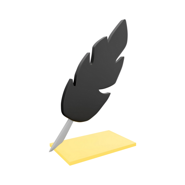 Sarı bir tabanda duran, yazı ve yaratıcılığı sembolize eden stilize edilmiş siyah bir kalem..