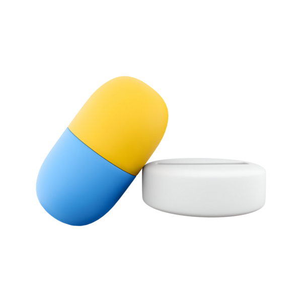 Renkli bir kapsül ve ilaç ve sağlığı temsil eden yuvarlak bir tablet..