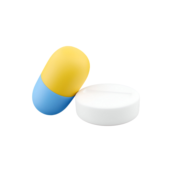 Renkli bir kapsül ve ilaç ve sağlığı temsil eden yuvarlak bir tablet..