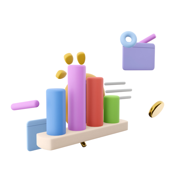 Çeşitli geometrik şekillere sahip renkli bir 3D çubuk grafiği, veri görselleştirme ve analizini sembolize eder.