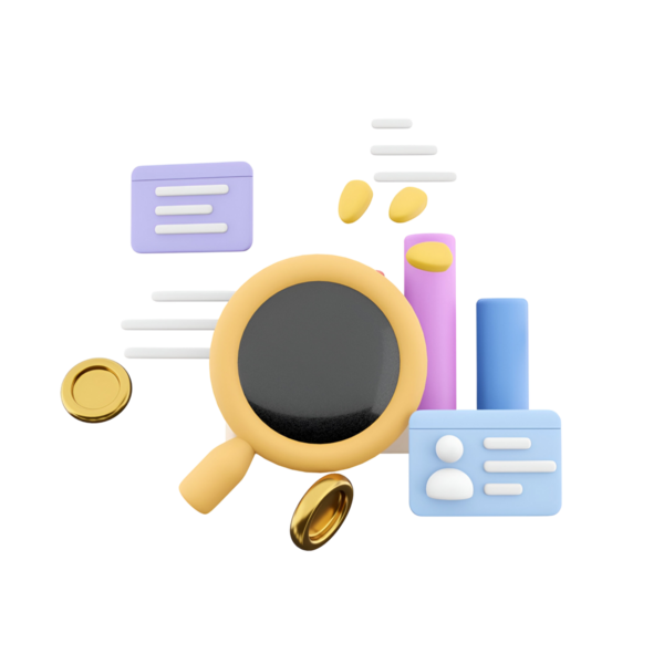 Araştırma ve analiz kavramlarını temsil eden bir büyüteç, belgeler ve paraların yer aldığı renkli bir grafik.