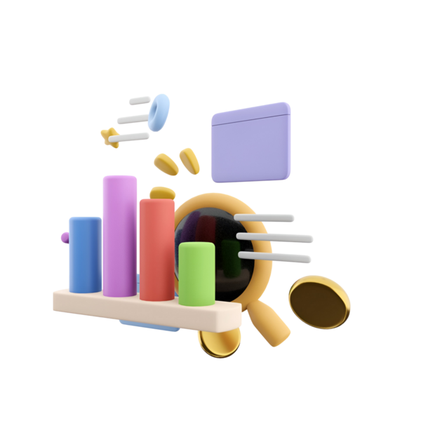 Geometrik şekiller ve elementlerle veri analizini temsil eden renkli bir 3D çubuk grafiği.