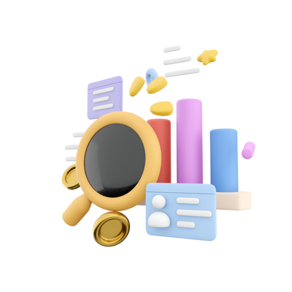 Büyüteç, grafikler ve simgelerin yer aldığı, veri analizini ve araştırmayı sembolize eden renkli bir 3D kompozisyon.