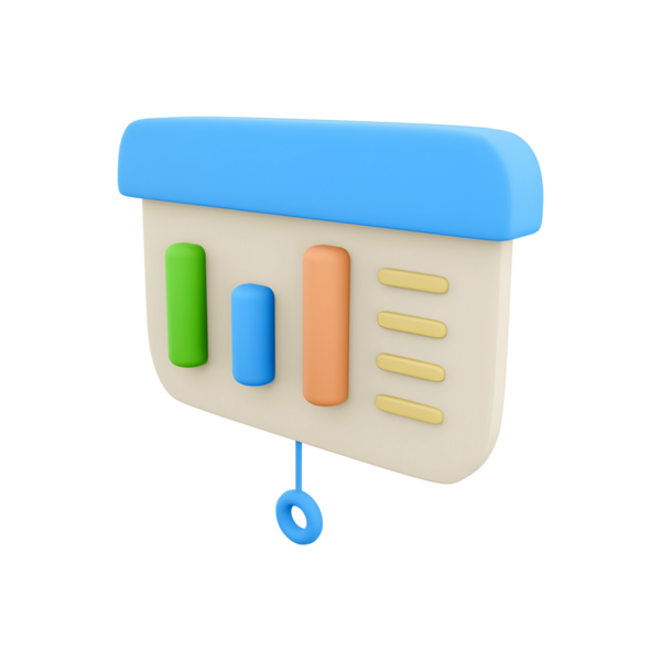 Veri görselleştirme ve analitik kavramları temsil eden renkli, 3D çubuk grafiği.