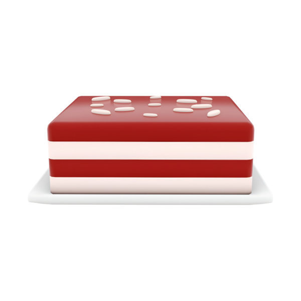 Üzerinde beyaz süslemeler bulunan kırmızı ve beyaz çizgili renkli bir tatlı tabakta servis edilir..